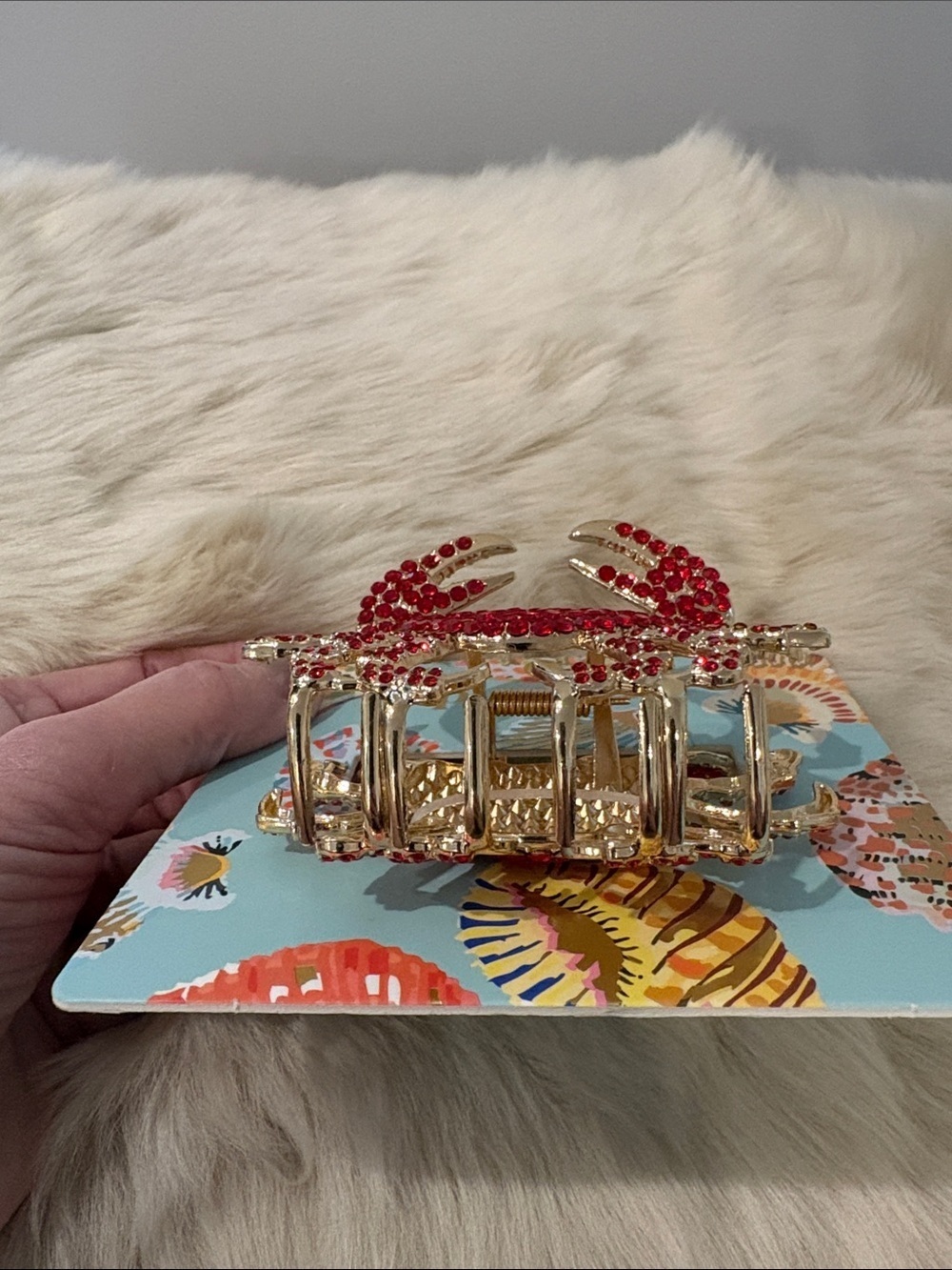 Piper K Crab Metal Hair Clip - Red Rhinestones and Gold Tone - Picture 3 of 7
